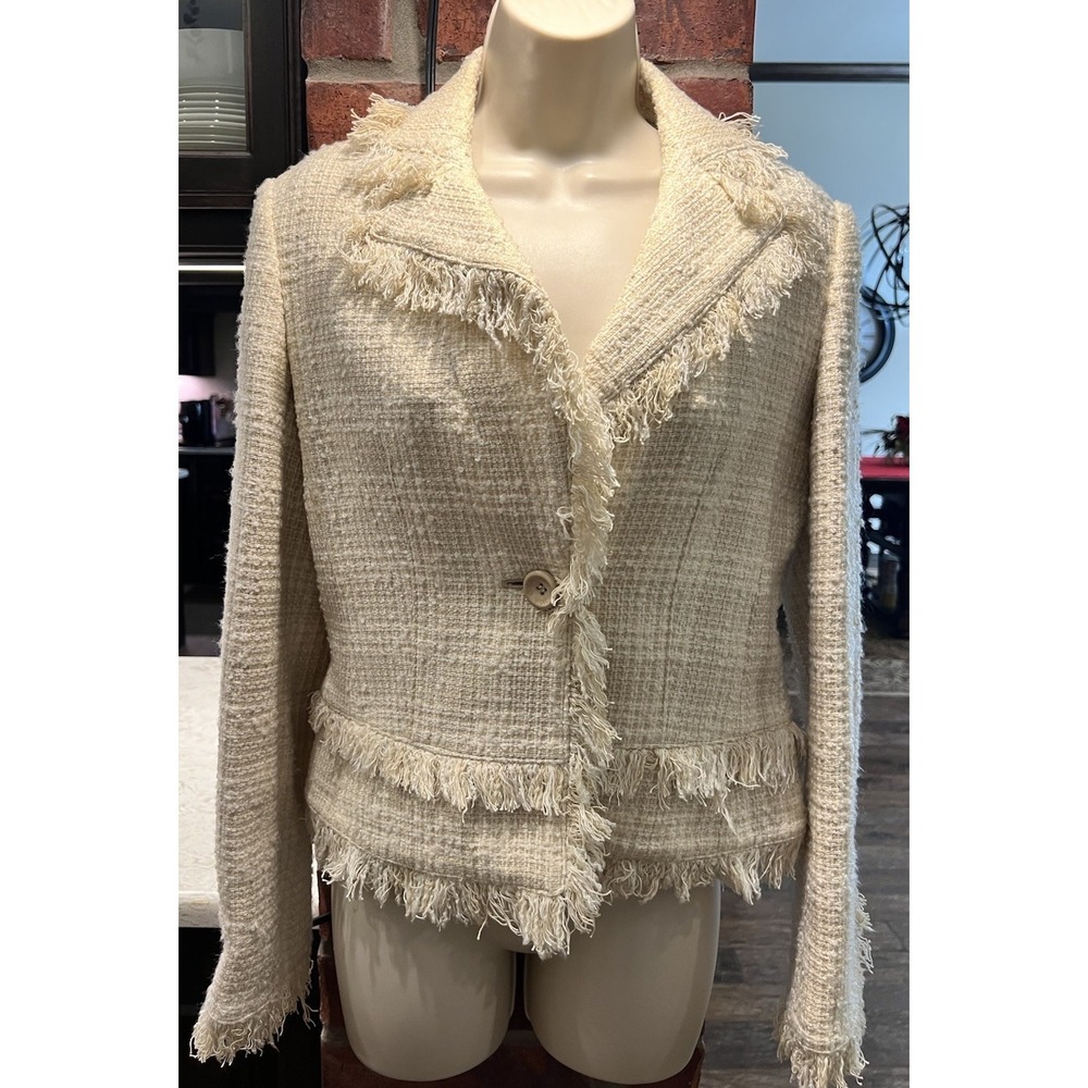Yellow Tweed Fringe Blazer Women's Sz L (S) By Buona Giornata Cotton Blend